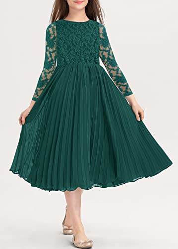 Hosika Vintage Lace Flower Girls Dress 3/4 Sleeve A-Line Pleated Christmas Party Dress Dark Green 12 Years #TOP1
