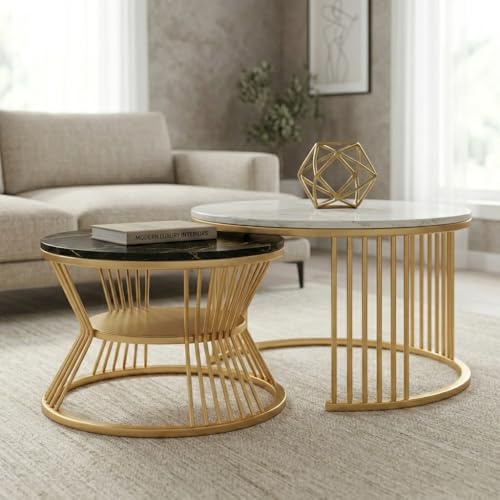 Image of Coffee Table, 20 inch Round Coffee Table Set of 2, Wooden Nesting Table with Metal Frame, Center Tables for Living Room Bedroom Balcony Bedside Table White