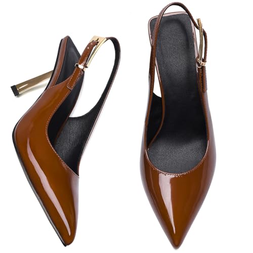Pasuot Slingback Heels for Women - Brown Closed Toe Stiletto Metallic Heel, Pointed Toe Patent Leather Thin High Heeled Sandals for Women Ladies Dress Formal Office 3.1