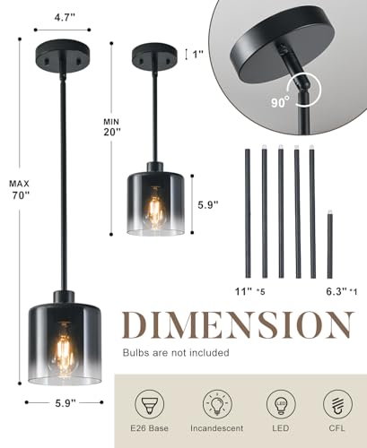 Image of 3-Pack Black Pendant Light Fixtures, Modern Pendant Lights for Kitchen Island with Adjustable Rods, Industrial Glass Pendant Lights for Dining Table Hallway Bedroom Living Room