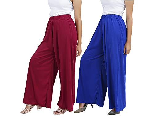 Image of Buy That Trendz M to 4XL Cotton Viscose Loose Fit Flared Wide Leg Palazzo Pants for Women Maroon Royal Blue Combo Pack of 2