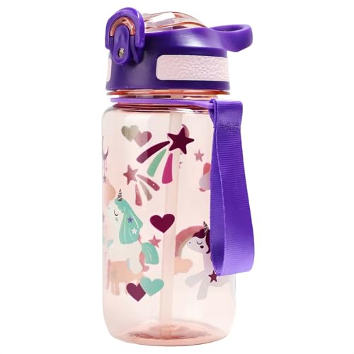 MHwan Trinkflasche Kinder, 600ml Bruchsichere und Robuste, Trinkflasche Auslaufsicher Kinder mit Strohhalm, BPA-Frei, Schöne Tragbare Wasserflasche Geeignet für Schule Reisen