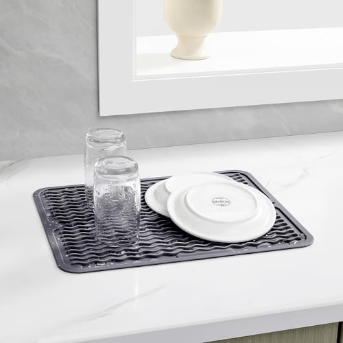 Silicone Dish Drying Mat, Heat-Resistant Silicone Mat, Non-Slip Easy Clean Sink Mat for Kitchen Counter, Sink, Refrigerator, or Drawer Liner - Eco-Friendly and Durable Design, DarkGray 15*12inch
