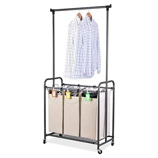 XCSOURCE Laundry Sorter with Hanging Bar Laundry Hamper Sorter Cart Laundry Trolley Laundry Cart Sorter with Rod Hanging Bar, 3 Durable Detachable Oxford Bags Metal Frame Capacity 130 L(Beige)