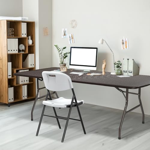 VINGLI 6 Foot Plastic Folding Table Portable Long Table for Indoor Outdoor Use Rectangular with Carrying Handle,Rattan Patterned HDPE Tabletop, Brown