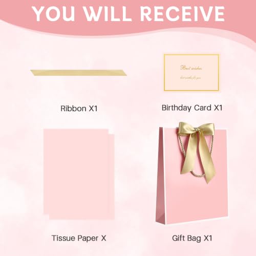 Image of JMANNI Gift Bag, 1PCS Gift Bags Large with Ribbon and 1 Greeting Cards 2 Tissue Paper, Portable Paper Gift Bag with Handles, Birthday Gift Bags,Present Bags for Wedding Party Mothers Day(Pink-White)