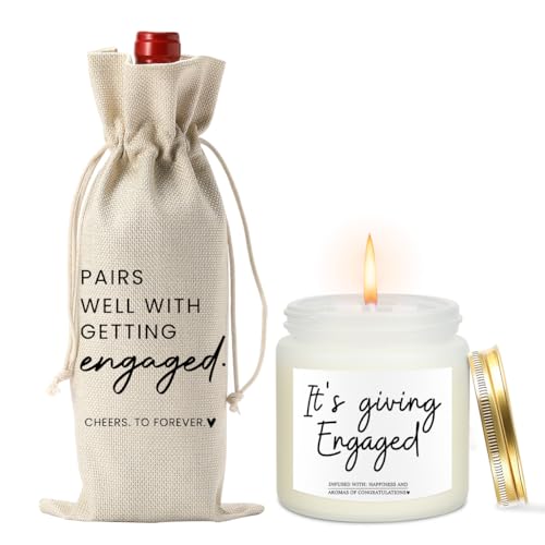 Image of Engaged Gifts Engagement Gifts for Couples Her Engagement Party Decorations | Bridal Shower Decorations Wine Gift Bag Scented Candles Set Cheers To Forever Wine Bag It's Giving Engaged