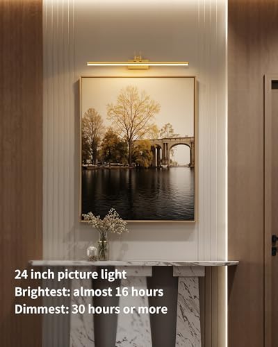 Image of KDG LED Cordless Wall Picture Light with Remote, 7000mAh Rechargeable Dimmable Art Lighting, Adjustable Swing Arm, Picture Frame Light for Gallery, Living Room, Hallway, 24 inch, Gold