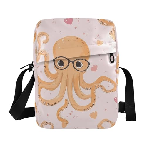 Crossbody Bag Cute Octopus Pink Hearts Glasses Messenger Bag for Women Men Purse Shoulder Bag Satchel Bag with Adjustable Strap 214B8119