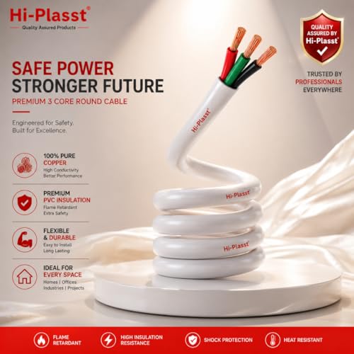 Image of Hi-Plasst 1 Metre 2.5 Sq.mm 3 Core Round Cable Wire | Flexible Copper Electrical Cable with PVC Insulation | Power Wire for AC, Geyser, Washing Machine, Water Pump & Home Wiring