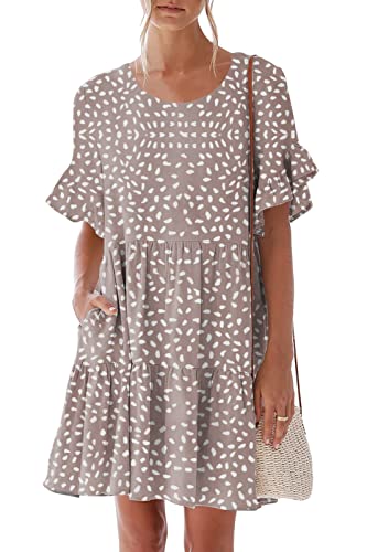 nclook Womens Summer Casual Dresses Sweet Cute Crew Neck Mini Dress with Pockets Ruffle Short Sleeve