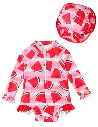 puseky Baby Girls One Piece Swimsuit Zip Rash Guard with Hat Set Swimwear Ruffled Cute Newborn Baby Girl Bathing Suit