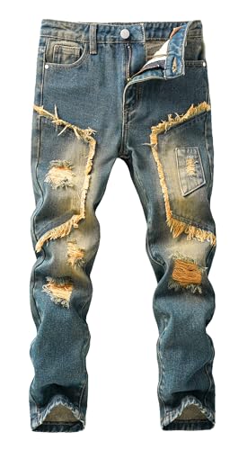 SEAUR Cool Boys Skinny Fit Cotton Ripped Destroyed Distressed Slim Jeans Kids Stacked Drip Washed Denim Pants Slacks for Boy