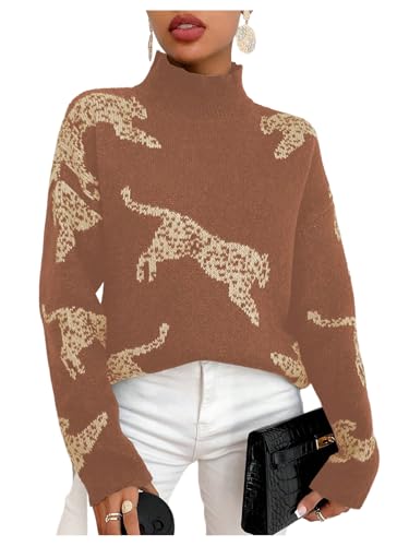 Image of WDIRARA Women's Leopard Tiger Print Sweater High Neck Long Sleeve Fuzzy Knitted Pullover Top