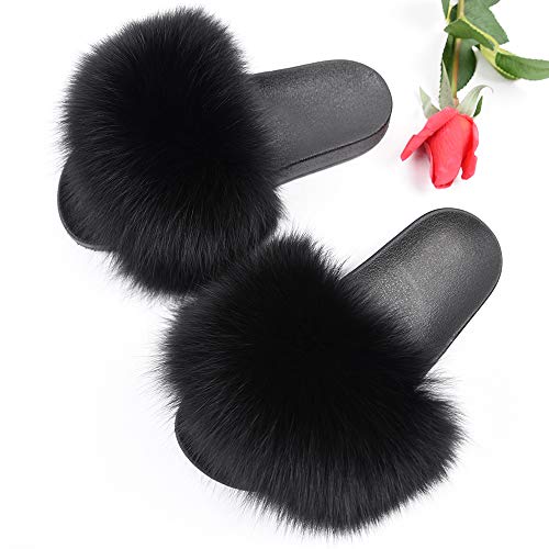 Jancoco Max Real Fox Fur Slides for Women - Fluffy Fur Slippers Open Toe Flat Sandals for Outdoor2