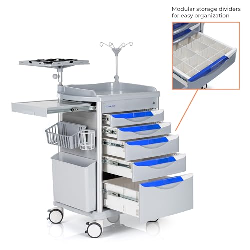 Stand Steady Emergency Crash Cart | Mobile Medical Cart with Drawers & Customizable Storage Bins | Medical Supply Cart with IV Pole, Cardiac Board, O2 Holder & UL-Safety Power Strip | Easy Assembly