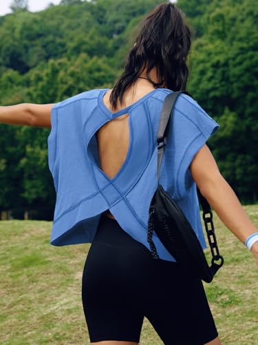 Image of SENSERISE Womens Open Back Workout Tops Backless Short Sleeve Athletic Shirt Running Crop Top Gym Yoga Tee