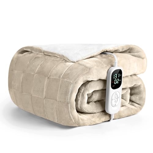 Image of IUUI Heated Blanket Electric Throw Checkered- 62x84 Inches Soft Flannel Heating Blanket for Girls & Women, Fast Heating Blanket 6 Heating Levels & 2 Hours Auto Off ETL Certification(Light Brown, Twin)