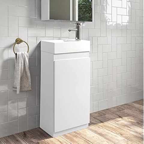 BELOFAY 400 mm Flat Pack Floor Standing Vanity Unit with Basin - Cloakroom Vanity Unit with 1 Tap on Right Hole Ceramic Basin - White Small Vanity 800mm X 400mm X 226mm Cover