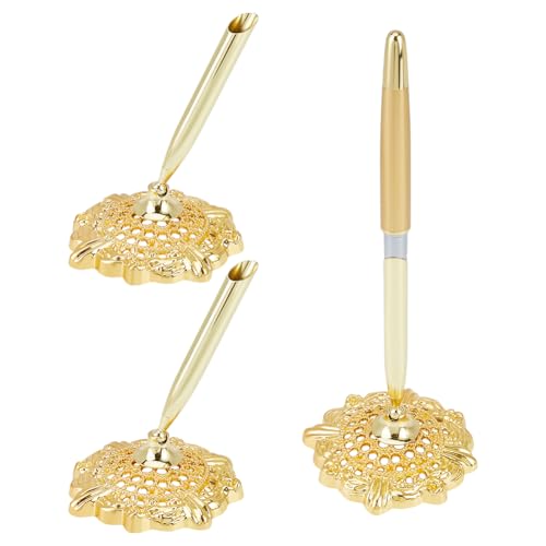 WADORN 2Pcs Hollow Round Pen Holder, Metal Pen Stand Holder Set Signing Pen Set for Guest Book Wedding Signing Desk Ballpoint Pens Base for Wedding Bridal Engagement Office Valentine Favors, Golden