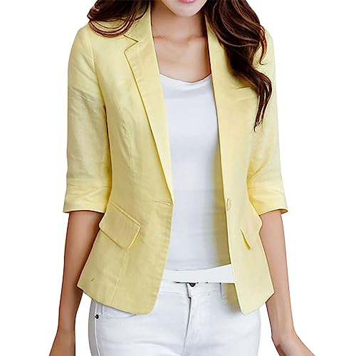 Damen Blazer Sportlich Elegant 3/4 Arm, Leinen Blazer Damen Kurz Kurzblazer Damen Elegant Anzugjacke Sommerjacke Leicht Tailliert Leinen-Blazer Sommer Übergangsjacke Regular Fit Blazerjacken