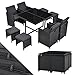 Juskys Polyrattan Sitzgruppe Baracoa L 9-teilig wetterfest, stapelbar - 4 Stühle, 4 Hocker, Tisch mit Glasplatte, Kissen - 8 Personen - Gartenmöbel Set für Garten, Terrasse