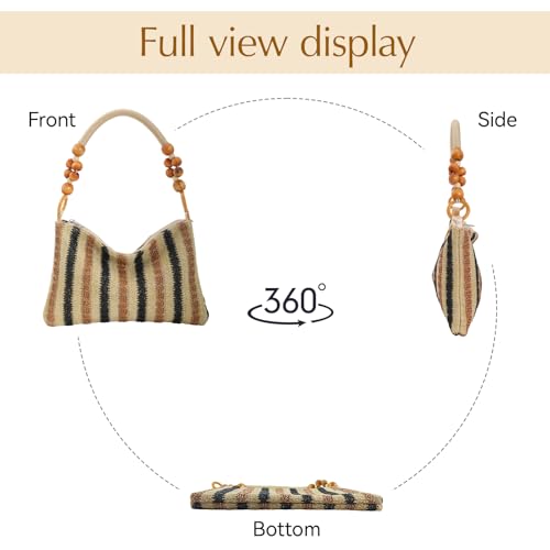 Image of Small Straw Shoulder Bag for Women, Woven Summer Handbag with Wooden Beaded Handle Vacation Purse
