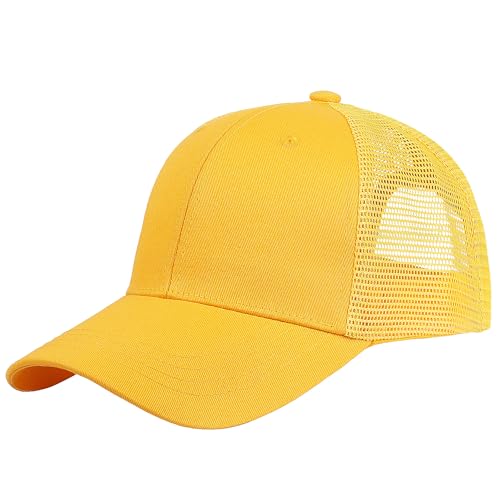 Falari Trucker Hat Baseball Cap Structured Plain Design 6 Panel Adjustable Size - Yellow