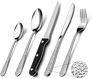 30 Piece Cutlery Sets with Steak Knives, Homikit Stainless Steel Hammered Cutlery Flatware Set Service for 6, Elegant Dinnerware Set Include Forks Knives Spoons, Mirror Finished & Dishwasher Safe