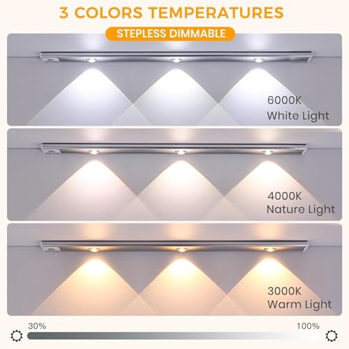 Image of Desidiya Motion Sensor Under Cabinet LED Light, USB Rechargeable, Stepless Dimmable, 3 Color Temperatures (3000K /4000K /6000K), 400mAh Battery, Dimmable Closet Lamp, Wireless Stick-On for Wardrobe