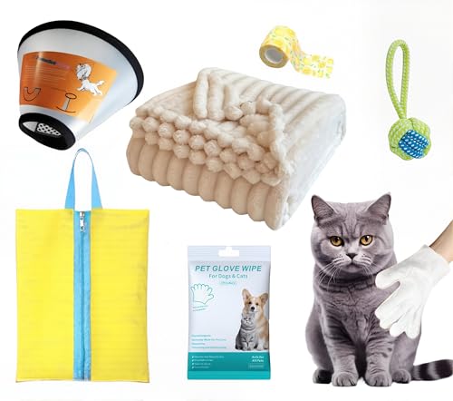 6 Pcs Surgery Recovery Kit for Dogs Cats –Adjustable Dog Cone & Fluffy Dog Blanket(27''x39'') – Get Well Soon – Cleaning Wipes,Calming Toy, Bandages & Mesh Bag – Sympathy Gift for Pet (yellow-S)