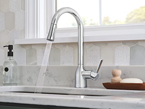 Image of Moen 87233 Adler Chrome One-Handle High Arc Kitchen Sink Faucet Bundle with Moen 3942 Chrome Deck Mounted Kitchen Soap Dispenser with Above the Sink Refillable Bottle