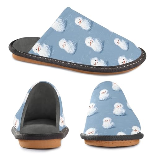 Slippers for Women Snowman Gray Blue Background Pattern Soft Winter Warm Shoes Indoor Outdoor Non-Slip House Travel Slippers4
