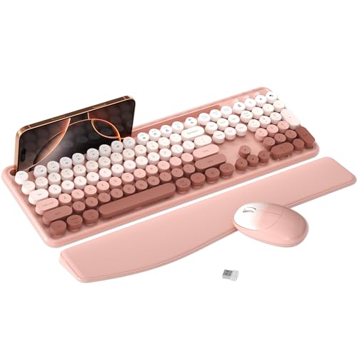 MPTOG Colorful Wireless Computer Keyboard and Mouse Combo with Phone Holder Wrist Rest Typewriter Keys 2.4GHz Wireless Full-Sized Optical Mouse for PC and Laptop(Peach Colorful)