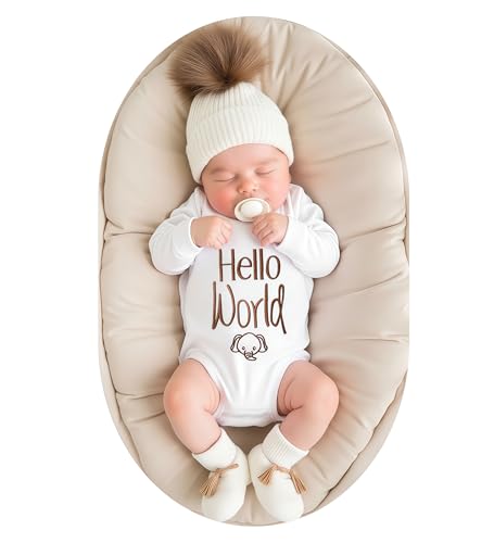 Hello World Newborn Coming Home Outfit Romper and Knit Hat with Pom Pom Baby Long Sleeve Onesie Newborn Gift