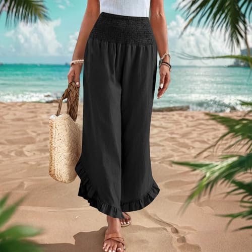 Palazzo Pants for Women Casual Linen Boho Ruffle Hem Travel Trousers Smocked Waist Flowy Beach Vacation Wide Leg Pant2