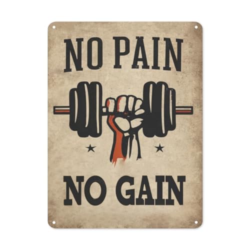 Plaque en métal « No Pain No Gain » - Plaque en métal rétro vintage - Décoration murale - 20,3 x 30,5 cm