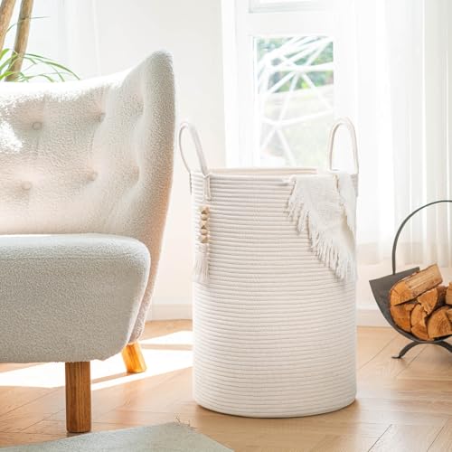 Goodpick White Laundry Basket with Handles, Tall Woven Laundry Hamper for Clothes, Towels, Pillows, Toys, Decorative Blanket Basket for Living Room, Bedroom, Playroom, 16 x 20 inches