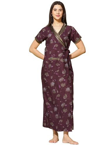 Image of 9shines Label Stylish Cotton Nighty Robe for Women | Front Open Floral Housecoat | Wrap Nighty with Pocket | Adjustable Waist Tie | Plus Size housecoat (HC-2026)