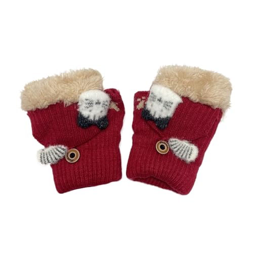 Cute Cat Convertible Flip Top Gloves Kids Winter Thick Knitted Fingerless Gloves with Mitten Cover Aged 3-6 Boys Girls