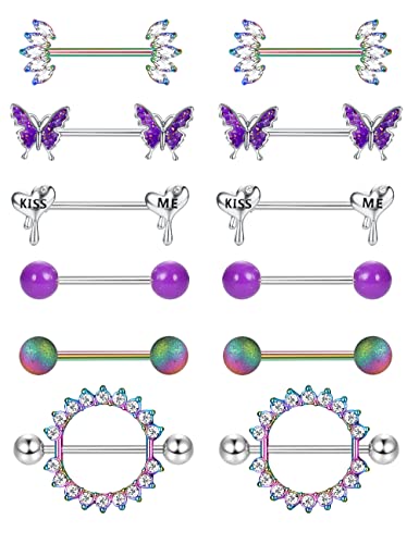 LOLIAS 12 Pcs Acier Inoxydable Nipple Piercing Langue Anneaux pour Femmes Filles Papillon CZ Bars Nipplerings Coeur-Forme Barbell Corps Helix Piercing Bijoux 14G Argent/Or Rose Cover