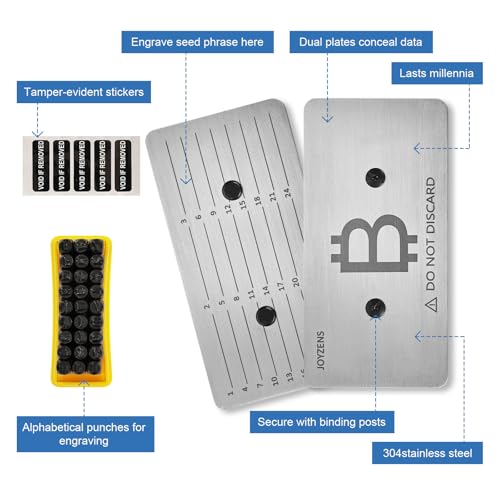 Image of Seed Phrase Storage Kit - Metal Backup Plates + Stamping Tools, Bitcoin & Crypto Wallet Cold Storage, Tamper-Evident Design (2-Plates) (Alphabetic Punch Set)