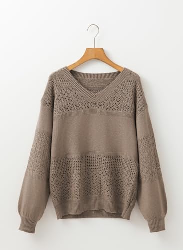 Image of SHEWIN Women's Sweaters Casual Long Sleeve V Neck Crewneck Lightweight Crochet Pullover Sweater Tops