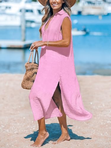 Image of CUPSHE Women's Swimsuit Coverup Casual Sleeveless Side Split Long Cardigans V Neck Midi Beach Dress