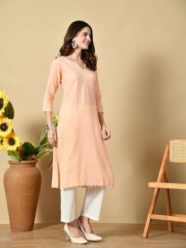 Image of Amazon Brand - Tavasya Women Cotton Katha Straight Regular Fit Kurta | Solid Ethnic Kurti | 3 /4 Sleeve Casual & Office Wear |Kurta for Women