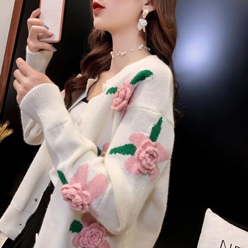 Image of FindThy Women's Kawaii 3D Floral Cardigan Long Sleeve Crewneck Knit Cardigan Sweaters