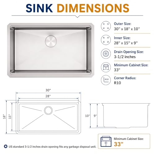 Image of LQS 30 Inch Undermount Kitchen Sink with Round Corner, 30 inch x 18 inch Undermount Kitchen Sink 16 Gauge Stainless Steel, R10 Round Corner with Handmade Workstation Ledge and Built-In Abundant Accessories