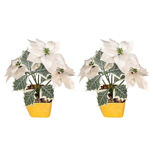 Wnvivi Paquete de 2 Flores de Pascua Navideñas, Flores Artificiales de Pascua en Maceta, Flores de Pascua con Purpurina, Planta en Maceta para Decoración de Bodas de Navidad (B)