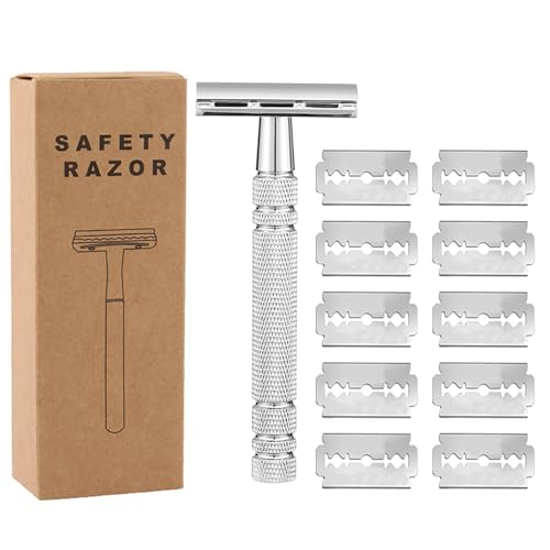 YPYMOD Maquinilla de Afeitar Doble Filo, con 10 Cuchillas, Safety Razor Set de Afeitado Manual Adecuado para Todos Cuchilla Clasica，Zinc, para Mujeres y Hombres(Plateado)