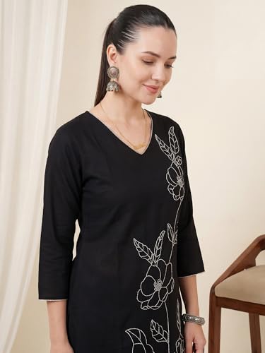 Image of INDO ERA Women Viscose Rayon Straight Fit Straight Floral Embroidered Kurtas
